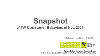 of TW Consumer Behaviors of Nov. 2021
Snapshot
Released on Dec. 10, 2021
Eastern Online Consumer Research Group
Eastern Online Co., Ltd. | 7F, No.306, Sec. 4, Xinyi Rd., Daan Dist., Taipei City
 
