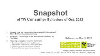 of TW Consumer Behaviors of Oct. 2022
Snapshot
Released on Nov. 9 2022
Eastern Online Consumer Research Group
Eastern Online Co., Ltd. | 7F, No.306, Sec. 4, Xinyi Rd., Daan Dist., Taipei City
1. Survey: How the consumers plan to spend in Department
Store & E-Commerce Anniversary
2. Analysis：The Change in the Mind Shares Obtained by
YouTuber
3. Tracking survey to consumer behaviors
• The consumer behavior in the top 8 items and
the change in the attitude as inflation rates rising
• Utilization survey to new consumer behaviors
• Ranking of hot topic types among consumers
 