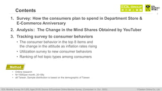 Contents
2
1. Survey: How the consumers plan to spend in Department Store &
E-Commerce Anniversary
2. Analysis：The Change ...