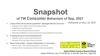 of TW Consumer Behaviors of Sep. 2021
Snapshot
Released on Sep. 25, 2021
Eastern Online Consumer Research Group
Eastern Online Co., Ltd. | 7F, No.306, Sec. 4, Xinyi Rd., Daan Dist., Taipei City
1. Survey: How will consumers spend their Quintuple Stimulus Vouchers
• Reception rate of digital voucher and printed voucher
• Preferences of spending items
• Views on the Quintuple Stimulus Vouchers
• Observation highlights of consuming behaviors: Quintuple Stimulus Vouchers
2. Tracking Survey to Consuming Behaviors
• Utilization survey to new consumer behaviors
• Rankings of hot topic types among consumers
3. Moon Festival 2021 : Analysis of Bestsellers in momoshop
• Gift box at top: Moon Festival bestsellers in momoshop
• Baking at home: momoshop top 5 electric bakeware bestsellers
 