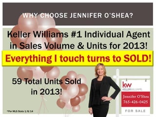 WHY CHOOSE JENNIFER O’SHEA?

Keller Williams #1 Individual Agent
in Sales Volume & Units for 2013!

59 Total Units Sold
in 2013!
*Per MLS Stats 1/8/14

 