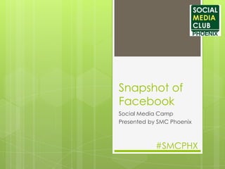 Snapshot of
Facebook
Social Media Camp
Presented by SMC Phoenix



            #SMCPHX
 