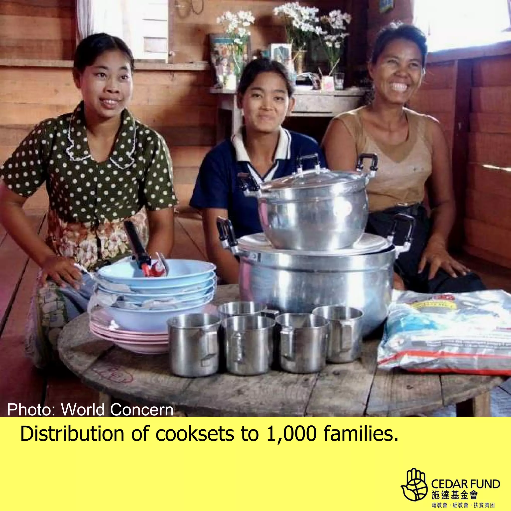 Photo: World Concern
 Distribution of cooksets to 1,000 families.
 