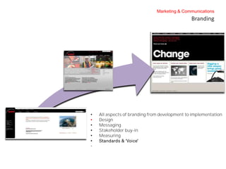 Marketing & Communications
                                               Branding




•   All aspects of branding from development to implementation
•   Design
•   Messaging
•   Stakeholder buy-in
•   Measuring
•
•
 