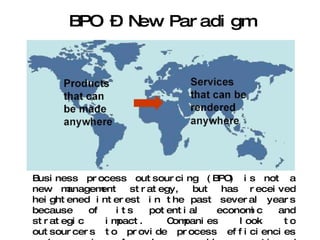 BPO – New Paradigm Business process outsourcing (BPO) is not a new management strategy, but has received heightened interest in the past several years because of its potential economic and strategic impact. Companies look to outsourcers to provide process efficiencies and economies of scale, as well as continued investment in the latest technology, which can be more effectively cost-justified when spread across multiple organizations.  