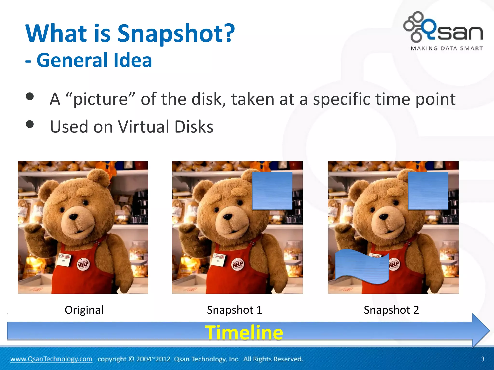What is Snapshot?
- General Idea
   A “picture” of the disk, taken at a specific time point
   Used on Virtual Disks




      Original           Snapshot 1           Snapshot 2

                         Timeline
                                                              3
 