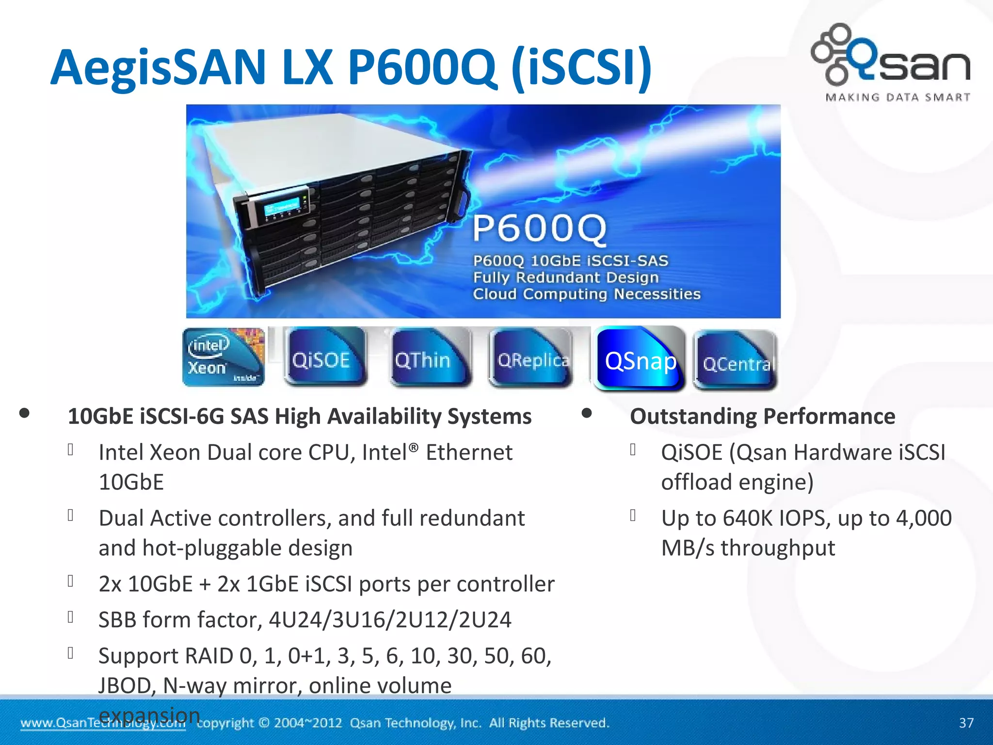 AegisSAN LX P600Q (iSCSI)




   10GbE iSCSI-6G SAS High Availability Systems            Outstanding Performance
     Intel Xeon Dual core CPU, Intel® Ethernet               QiSOE (Qsan Hardware iSCSI
      10GbE                                                    offload engine)
     Dual Active controllers, and full redundant             Up to 640K IOPS, up to 4,000
      and hot-pluggable design                                 MB/s throughput
     2x 10GbE + 2x 1GbE iSCSI ports per controller

     SBB form factor, 4U24/3U16/2U12/2U24

     Support RAID 0, 1, 0+1, 3, 5, 6, 10, 30, 50, 60,
      JBOD, N-way mirror, online volume
      expansion                                                                               37
 