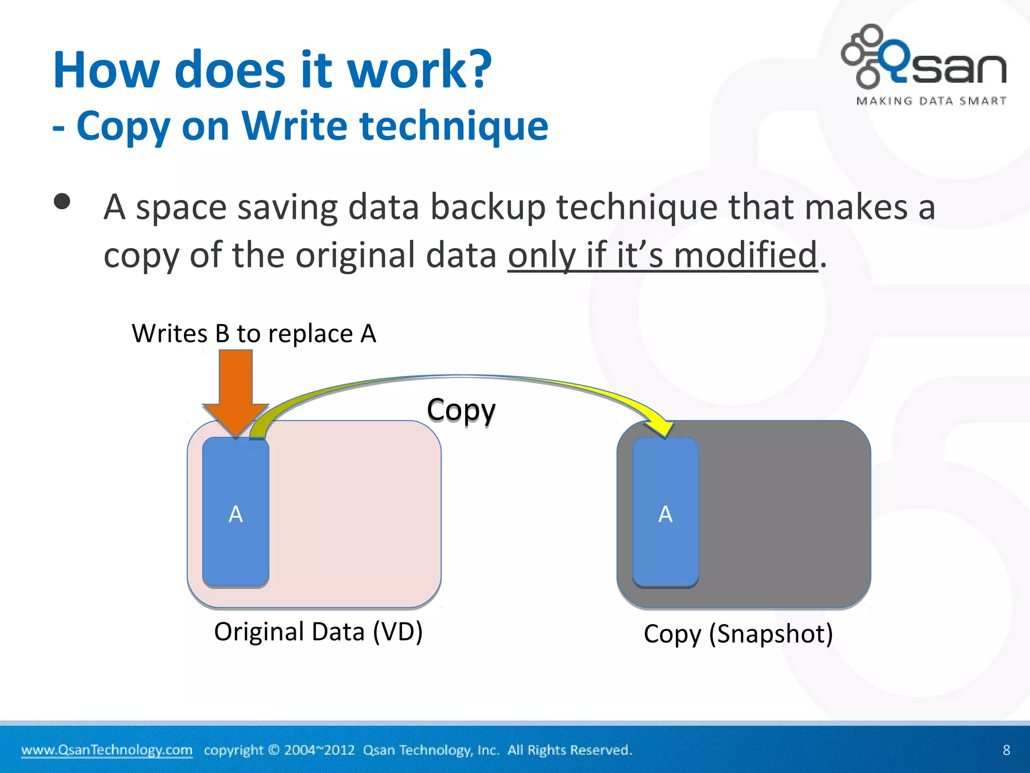 How does it work?
- Copy on Write technique
   A space saving data backup technique that makes a
    copy of the original data only if it’s modified.
     Writes B to replace A

                                 Copy

             A                           A



            Original Data (VD)          Copy (Snapshot)


                                                          8
 
