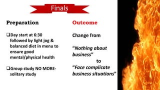 Finals
Preparation
Day start at 6:30
followed by light jog &
balanced diet in menu to
ensure good
mental/physical health
Group study NO MORE-
solitary study
Outcome
Change from
“Nothing about
business”
to
“Face complicate
business situations”
 