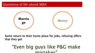 Questions of life ahead MBA
Marriage Money
Some return to their home place for jobs, refusing offers that they got
“Even big guys like P&G make mistakes”
 