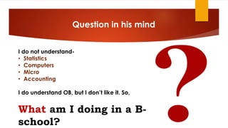 Question in his mind
I do not understand-
• Statistics
• Computers
• Micro
• Accounting
I do understand OB, but I don’t like it. So,
What am I doing in a B-school?
 
