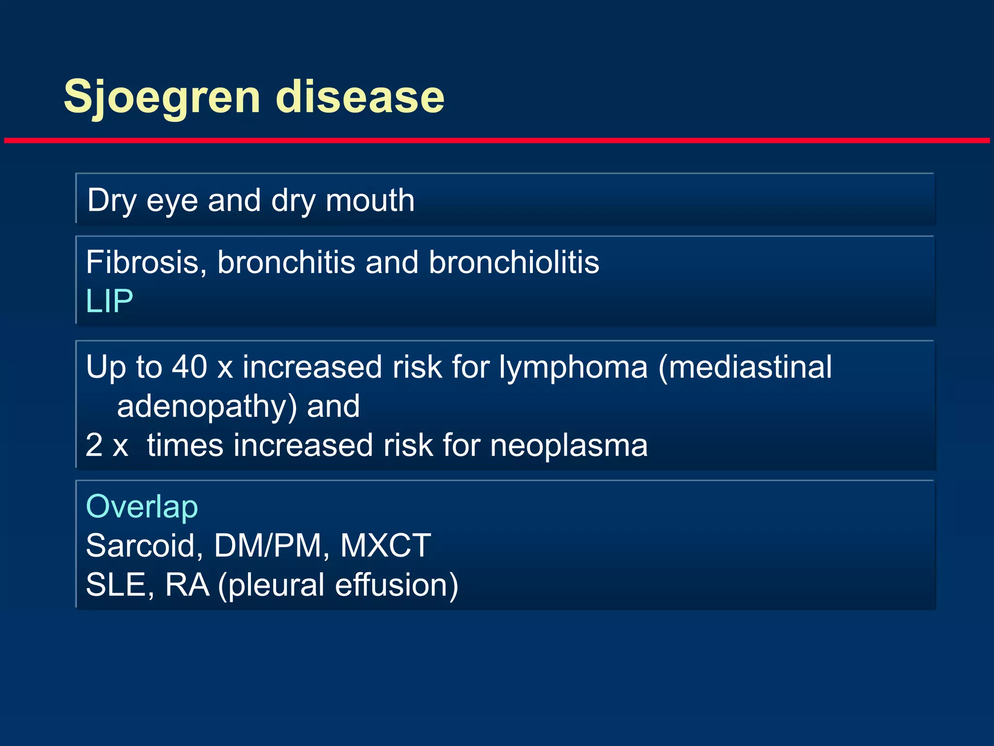 Sjoegren disease
Dry eye and dry mouth
Fibrosis, bronchitis and bronchiolitis
LIP
Overlap
Sarcoid, DM/PM, MXCT
SLE, RA (pleural effusion)
Up to 40 x increased risk for lymphoma (mediastinal
adenopathy) and
2 x times increased risk for neoplasma
 