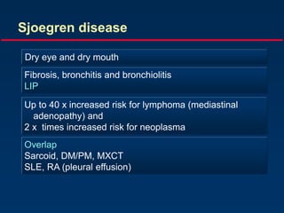 Sjoegren disease
Dry eye and dry mouth
Fibrosis, bronchitis and bronchiolitis
LIP
Overlap
Sarcoid, DM/PM, MXCT
SLE, RA (pleural effusion)
Up to 40 x increased risk for lymphoma (mediastinal
adenopathy) and
2 x times increased risk for neoplasma
 