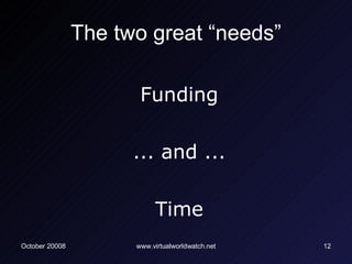 The two great “needs” <ul><li>Funding </li></ul><ul><li>... and ... </li></ul><ul><li>Time </li></ul>