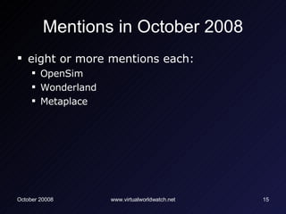 Mentions in October 2008 <ul><li>eight or more mentions each: </li></ul><ul><ul><li>OpenSim  </li></ul></ul><ul><ul><li>Wo...