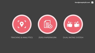 TRACKING & ANALYTICS DUAL RATING SYSTEMZERO PAPERWORK
thor@snapshyft.com