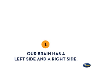 1.
OUR BRAIN HAS A
LEFT SIDE AND A RIGHT SIDE.
 