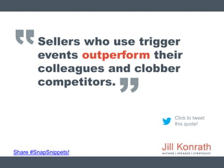 ‛‛
Share #SnapSnippets!
Click to tweet
this quote!
Sellers who use trigger
events outperform their
colleagues and clobber
...