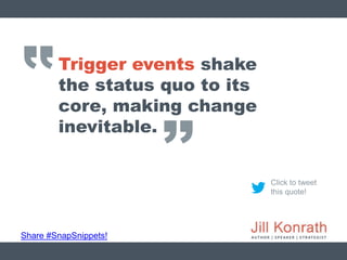 ‛‛
Share #SnapSnippets!
Click to tweet
this quote!
Trigger events shake
the status quo to its
core, making change
inevitab...