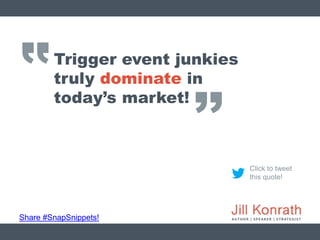 ‛‛
Share #SnapSnippets!
Click to tweet
this quote!
Trigger event junkies
truly dominate in
today’s market!
’’
 