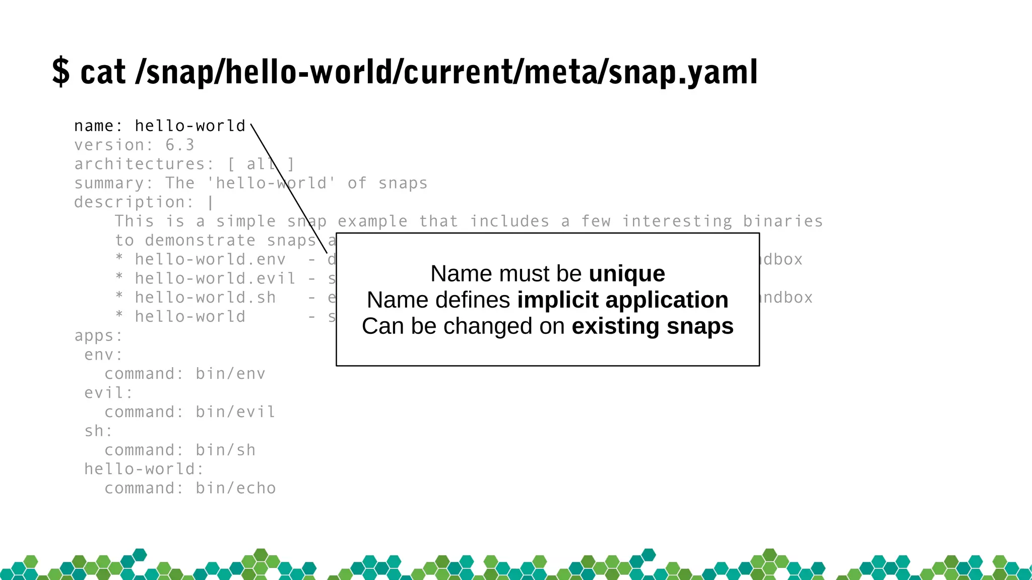 $ cat /snap/hello-world/current/meta/snap.yaml
name: hello-world
version: 6.3
architectures: [ all ]
summary: The 'hello-world' of snaps
description: |
This is a simple snap example that includes a few interesting binaries
to demonstrate snaps and their confinement.
* hello-world.env - dump the env of commands run inside app sandbox
* hello-world.evil - show how snappy sandboxes binaries
* hello-world.sh - enter interactive shell that runs in app sandbox
* hello-world - simply output text
apps:
env:
command: bin/env
evil:
command: bin/evil
sh:
command: bin/sh
hello-world:
command: bin/echo
Name must be unique
Name defines implicit application
Can be changed on existing snaps
 