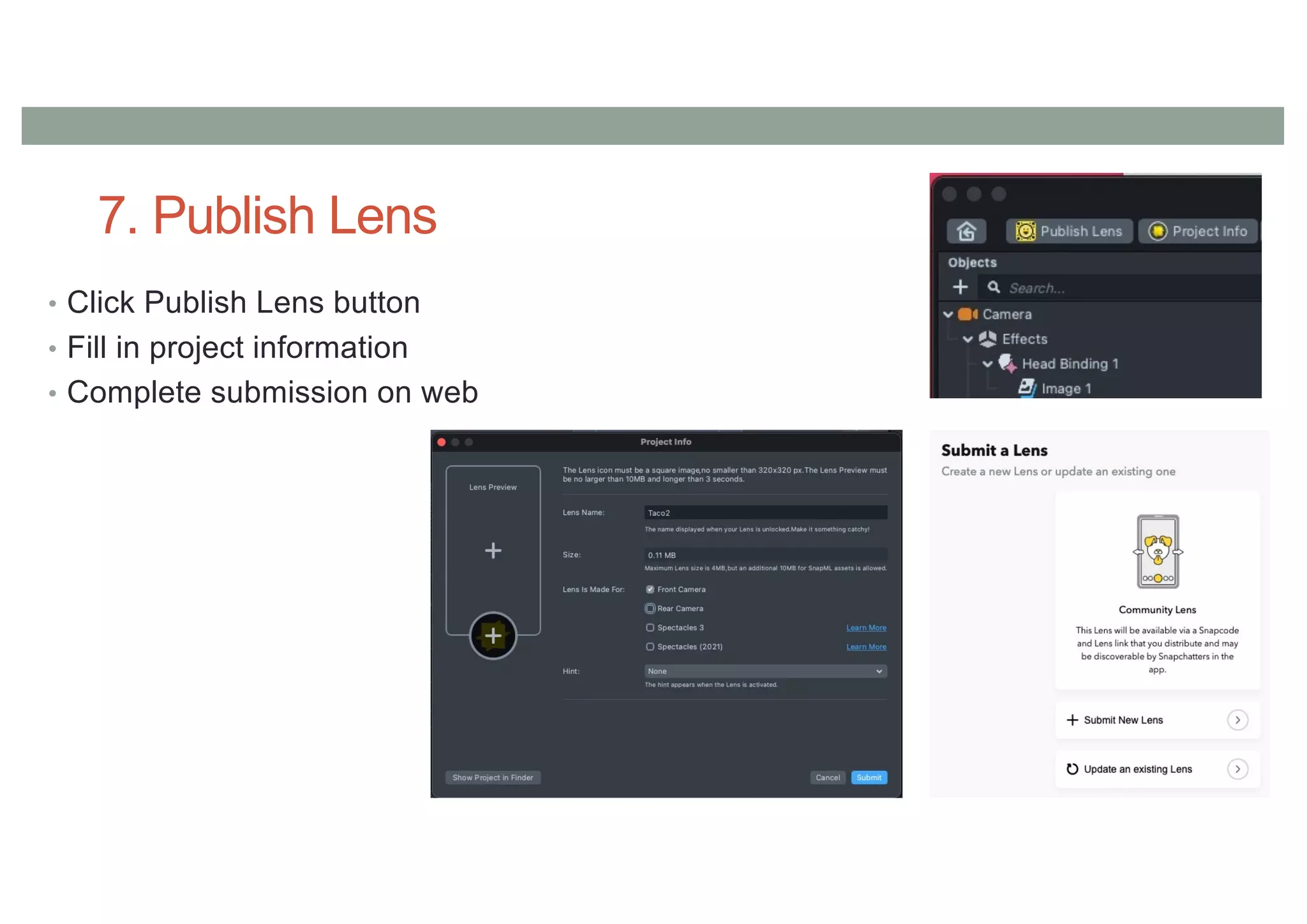 7. Publish Lens
• Click Publish Lens button
• Fill in project information
• Complete submission on web
 