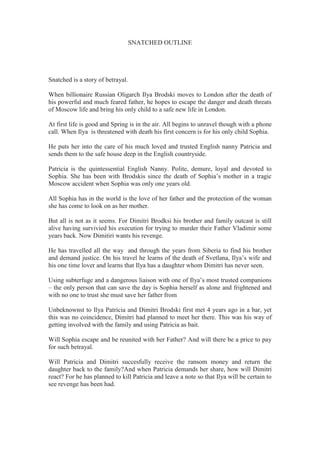 SNATCHED OUTLINE
Snatched is a story of betrayal.
When billionaire Russian Oligarch Ilya Brodski moves to London after the...