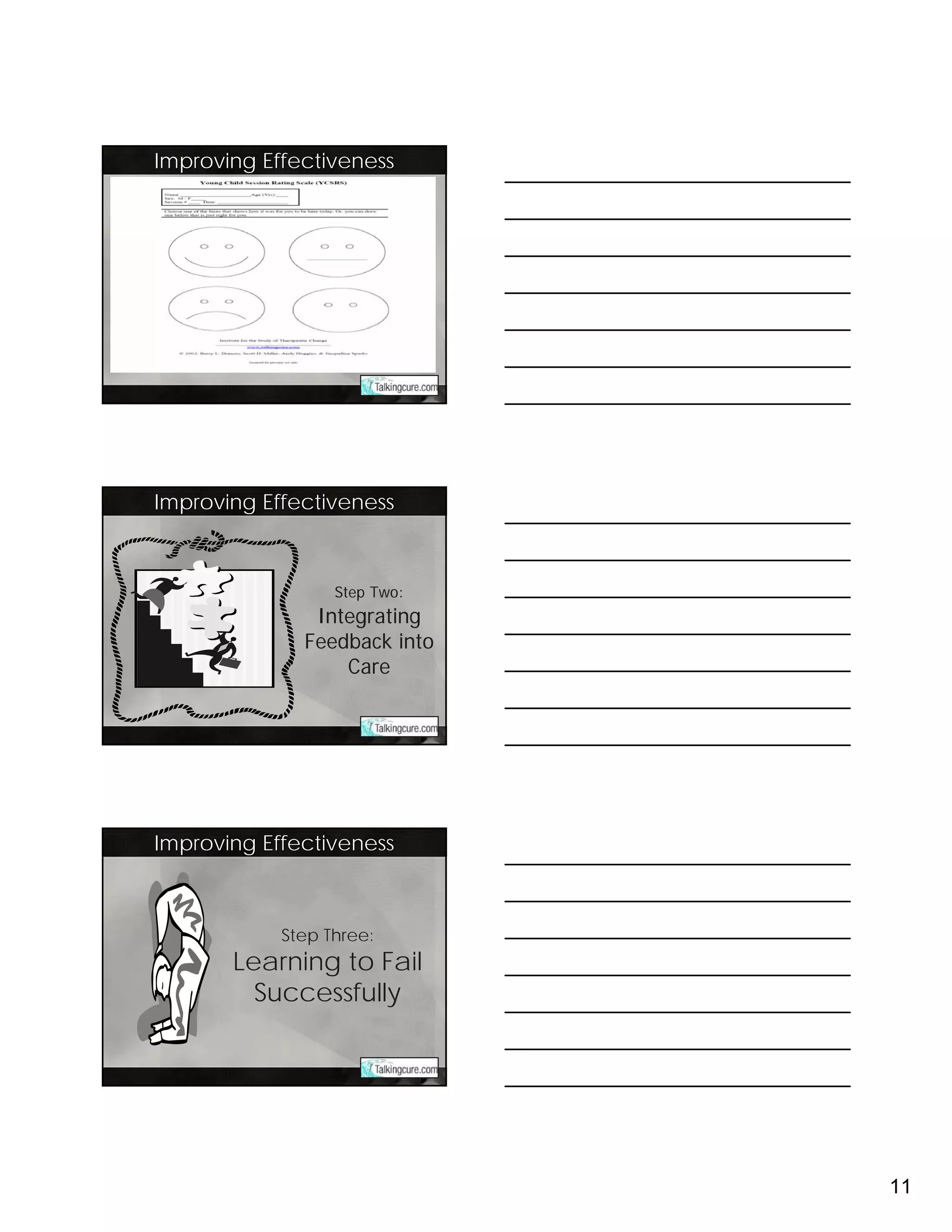 Improving Effectiveness




Improving Effectiveness



                  Step Two:
               Integrating
              Feedback into
                  Care




Improving Effectiveness



            Step Three:
       Learning to Fail
         Successfully




                              11
 