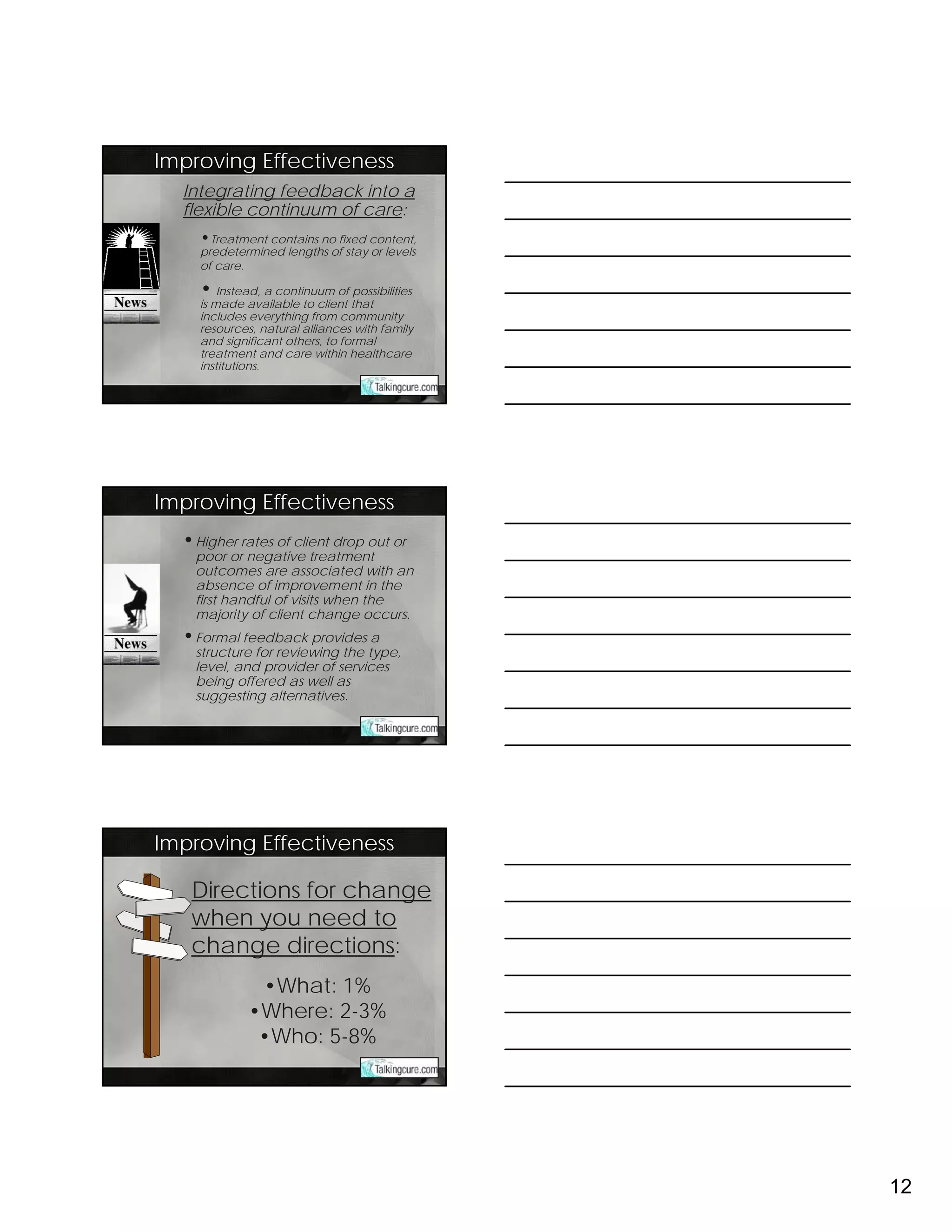 Improving Effectiveness
  Integrating feedback into a
  flexible continuum of care:
    •Treatment contains no fixed content,
    predetermined lengths of stay or levels
    of care.

    • Instead, a continuum of possibilities
    is made available to client that
    includes everything from community
    resources, natural alliances with family
    and significant others, to formal
    treatment and care within healthcare
    institutions.




Improving Effectiveness
  • Higher rates of client drop out or
    poor or negative treatment
    outcomes are associated with an
    absence of improvement in the
    first handful of visits when the
    majority of client change occurs.
  • Formal feedback provides a
    structure for reviewing the type,
    level, and provider of services
    being offered as well as
    suggesting alternatives.




Improving Effectiveness

   Directions for change
   when you need to
   change directions:
              •What: 1%
             •Where: 2-3%
              •Who: 5-8%




                                               12
 