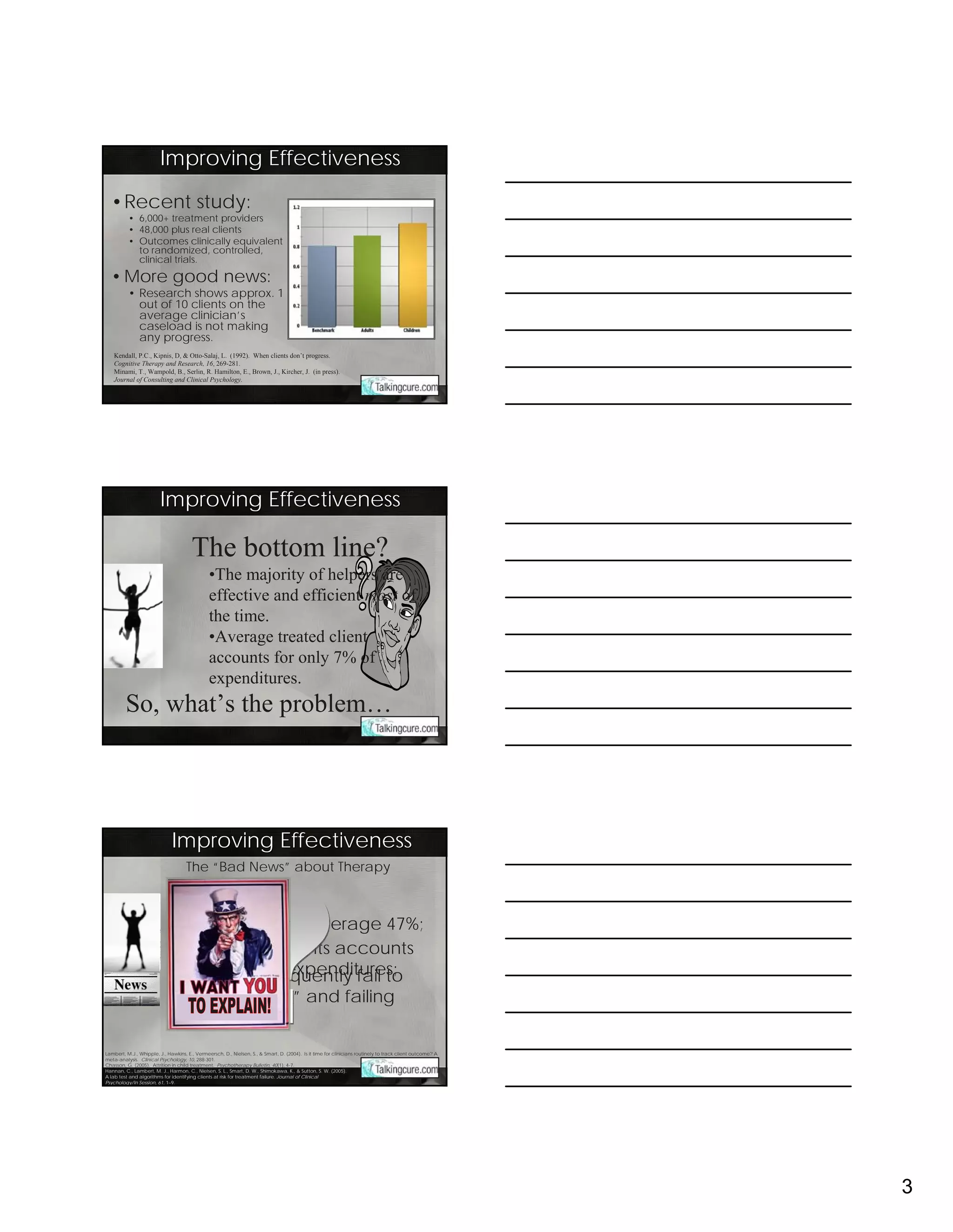 Improving Effectiveness

  •Recent study:
          • 6,000+ treatment providers
          • 48,000 plus real clients
          • Outcomes clinically equivalent
            to randomized, controlled,
            clinical trials.

  • More good news:
          • Research shows approx. 1
            out of 10 clients on the
            average clinician’s
            caseload is not making
            any progress.
   Kendall, P.C., Kipnis, D, & Otto-Salaj, L. (1992). When clients don’t progress.
   Cognitive Therapy and Research, 16, 269-281.
   Minami, T., Wampold, B., Serlin, R. Hamilton, E., Brown, J., Kircher, J. (in press).
   Journal of Consulting and Clinical Psychology.




                         Improving Effectiveness

                                       The bottom line?
                                               •The majority of helpers are
                                               effective and efficient most of
                                               the time.
                                               •Average treated client
                                               accounts for only 7% of
                                               expenditures.
         So, what’s the problem…




                              Improving Effectiveness
                                    The “Bad News” about Therapy



                              •Drop out rates average 47%;
                              •1 out of 10 clients accounts
                              •Therapists of expenditures;
                              for 60-70% frequently fail to
                              identify “at risk” and failing
                              cases.
Lambert, M.J., Whipple, J., Hawkins, E., Vermeersch, D., Nielsen, S., & Smart, D. (2004). Is it time for clinicians routinely to track client outcome? A
meta-analysis. Clinical Psychology, 10, 288-301.
Chasson, G. (2005). Attrition in child treatment. Psychotherapy Bulletin, 40(1), 4-7.
Hannan, C., Lambert, M. J., Harmon, C., Nielsen, S. L., Smart, D. W., Shimokawa, K., & Sutton, S. W. (2005).
A lab test and algorithms for identifying clients at risk for treatment failure. Journal of Clinical
Psychology/In Session, 61, 1–9.




                                                                                                                                                           3
 