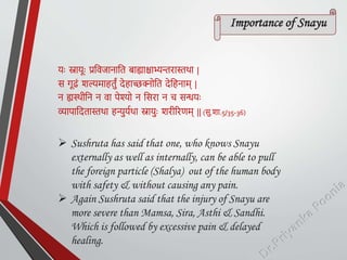 यः स्नायः प्रठवजानाठत बाह्या ाभ्न्तरास्तिा |
स गढ्ं शल्माहतुं देहाच्छक्नोठत देठहनाम् |
न ह्यथिीठन न वा पेश्यो न ठसरा न च सन्धयः
व्यापाठदतास्तिा हन्युयविा स्नायुः शरीररणम् || (सु.शा.5/35-36)
 Sushruta has said that one, who knows Snayu
externally as well as internally, can be able to pull
the foreign particle (Shalya) out of the human body
with safety & without causing any pain.
 Again Sushruta said that the injury of Snayu are
more severe than Mamsa, Sira, Asthi & Sandhi.
Which is followed by excessive pain & delayed
healing.
Importance of Snayu
 