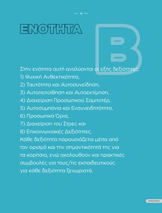••• 18 •••
ΠΕΡΙΕΧΟΜΕΝΑ
ΟΔΗΓΟΣ ΨΥΧΟΚΟΙΝΩΝΙΚΗΣ ΕΝΔΥΝΑΜΩΣΗΣ ΚΟΡΙΤΣΙΩΝ
Β’ ΒΑΘΜΙΑΣ ΕΚΠΑΙΔΕΥΣΗΣ
••• 18 •••
ΠΕΡΙΕΧΟΜΕΝΑ
Στην ενότητα αυτή αναλύονται οι εξής δεξιότητες:
1) Ψυχική Ανθεκτικότητα,
2) Ταυτότητα και Αυτοσυνείδηση,
3) Αυτοπεποίθηση και Αυτοεκτίμηση,
4) Διαχείριση Προσωπικού Σαμποτέρ,
5) Αυτοσυμπόνια και Ενσυνειδητότητα,
6) Προσωπικά Όρια,
7) Διαχείριση του Στρες και
8) Επικοινωνιακές Δεξιότητες.
Κάθε δεξιότητα παρουσιάζεται μέσα από
τον ορισμό και την σημαντικότητά της για
τα κορίτσια, ενώ ακολουθούν και πρακτικές
συμβουλές για τους/τις εκπαιδευτικούς
για κάθε δεξιότητα ξεχωριστά.
 