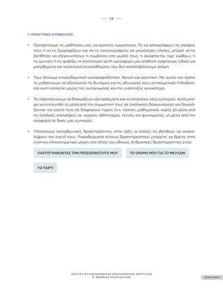 ••• 23 •••
ΠΕΡΙΕΧΟΜΕΝΑ
ΟΔΗΓΟΣ ΨΥΧΟΚΟΙΝΩΝΙΚΗΣ ΕΝΔΥΝΑΜΩΣΗΣ ΚΟΡΙΤΣΙΩΝ
Β’ ΒΑΘΜΙΑΣ ΕΚΠΑΙΔΕΥΣΗΣ
Γ. ΠΡΑΚΤΙΚΈΣ ΣΥΜΒΟΥΛΈΣ
• Προτρέπουμε τις μαθήτριες μας να κρατούν ημερολόγιο. Το να καταγράφουν τις σκέψεις
τους ή να τις ζωγραφίζουν και να τις εικονογραφούν, σε μικρότερες ηλικίες, μπορεί να τις
βοηθήσει να εξερευνήσουν τι συμβαίνει στο μυαλό τους, τι σκέφτονται, πώς νιώθουν, τι
τις εμπνέει ή τις φοβίζει. Η αποτύπωση αυτή προσφέρει μια αίσθηση σαφήνειας ειδικά για
μπερδεμένα και περίπλοκα συναισθήματα, που δεν καταλαβαίνουμε ακόμη.
• Τους δίνουμε εποικοδομητική ανατροφοδότηση, θετική και αρνητική. Με αυτόν τον τρόπο
τις μαθαίνουμε να αξιολογούν τις δυνάμεις και τις αδυναμίες τους αντικειμενικά. Η διαδικα-
σία αυτή αποτελεί μέρος της αυτογνωσίας και της ανάπτυξης γενικότερα.
• Τις παροτρύνουμε να δοκιμάζουν νέα πράγματα και να αποκτούν νέες εμπειρίες. Αυτό μπο-
ρεί να επιτευχθεί α) μέσα από την συμμετοχή τους σε σχολικούς διαγωνισμούς και δοκιμά-
ζοντας τον εαυτό τους σε διάφορους τομείς (π.χ. ποίηση, μαθηματικά, χορό), β) μέσα από
τις σχολικές επισκέψεις σε χώρους αθλητισμού, τέχνης και ψυχαγωγίας, γ) μέσα από την
αναφορά σε δικές μας εμπειρίες.
• Υλοποιούμε εκπαιδευτικές δραστηριότητες στην τάξη, οι οποίες τις βοηθούν να ανακα-
λύψουν τον εαυτό τους. Παραδείγματα τέτοιων δραστηριοτήτων μπορείτε να βρείτε στην
ενότητα «Υποστηρικτικό υλικό» στο τέλος του οδηγού. Ενδεικτικές δραστηριότητες είναι:
ΤΟ ΠΑΡΤΙ
ΤΟ ΟΡΑΜΑ ΜΟΥ ΓΙΑ ΤΟ ΜΕΛΛΟΝ
ΧΑΡΤΟΓΡΑΦΩΝΤΑΣ ΤΗΝ ΠΡΟΣΩΠΙΚΟΤΗΤΑ ΜΟΥ
 