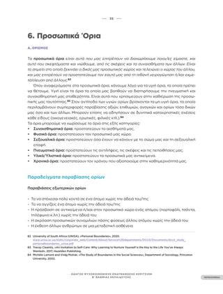 ••• 35 •••
ΠΕΡΙΕΧΟΜΕΝΑ
ΟΔΗΓΟΣ ΨΥΧΟΚΟΙΝΩΝΙΚΗΣ ΕΝΔΥΝΑΜΩΣΗΣ ΚΟΡΙΤΣΙΩΝ
Β’ ΒΑΘΜΙΑΣ ΕΚΠΑΙΔΕΥΣΗΣ
6. Προσωπικά Όρια
Α. ΟΡΙΣΜΌΣ
Τα προσωπικά όρια είναι αυτά που μας επιτρέπουν να διαχωρίσουμε ποιοι/ες είμαστε, και
αυτό που σκεφτόμαστε και νιώθουμε, από τις σκέψεις και τα συναισθήματα των άλλων. Είναι
το σημείο στο οποίο ξεκινάει ο δικός μας προσωπικός χώρος και τελειώνει ο χώρος του άλλου,
και μας επιτρέπουν να προστατεύουμε τον εαυτό μας από τη πιθανή χειραγώγηση ή/και εκμε-
τάλλευση από άλλους.82
Όταν αναφερόμαστε στα προσωπικά όρια, κάνουμε λόγο για τα υγιή όρια, τα οποία πρέπει
να θέτουμε. Υγιή είναι τα όρια τα οποία μας βοηθούν να διατηρήσουμε την πνευματική και
συναισθηματική μας σταθερότητα. Είναι αυτά που χρησιμεύουν στην καθιέρωση της προσω-
πικής μας ταυτότητας.83
Στον αντίποδα των υγιών ορίων βρίσκονται τα μη υγιή όρια, τα οποία
περιλαμβάνουν συμπεριφορές παραβίασης αξιών, επιθυμιών, αναγκών και ορίων τόσο δικών
μας όσο και των άλλων. Μπορούν επίσης να οδηγήσουν σε δυνητικά καταχρηστικές σχέσεις
κάθε είδους (οικογενειακές, ερωτικές, φιλικές κτλ.).84
Τα όρια μπορούμε να χωρίσουμε τα όρια στις εξής κατηγορίες:
• Συναισθηματικά όρια: προστατεύουν τα αισθήματά μας.
• Φυσικά όρια: προστατεύουν τον προσωπικό μας χώρο.
• Σεξουαλικά όρια: προστατεύουν όσα έχουν να κάνουν με το σώμα μας και τη σεξουαλική
επαφή.
• Πνευματικά όρια: προστατεύουν τις αντιλήψεις, τις σκέψεις και τις πεποιθήσεις μας.
• Υλικά/Υλιστικά όρια: προστατεύουν τα προσωπικά μας αντικείμενα.
• Χρονικά όρια: προστατεύουν τον χρόνου που αξιοποιούμε στην καθημερινότητά μας.
Παραδείγματα παραβίασης ορίων
Παραβιάσεις εξωτερικών ορίων
- Το να στέκεσαι πολύ κοντά σε ένα άτομο χωρίς την άδειά του/της
- Το να αγγίζεις ένα άτομο χωρίς την άδειά του/της
- Η πρόσβαση σε αντικείμενα ή/και στον προσωπικό χώρο ενός ατόμου (πορτοφόλι, τσάντα,
τηλέφωνο κ.λπ.) χωρίς την άδειά του
- Η ακρόαση προσωπικών συνομιλιών πάσης φύσεως άλλου ατόμου χωρίς την άδειά του
- Η έκθεση άλλων ανθρώπων σε μια μεταδοτική ασθένεια
82 University of South Africa (UNISA), «Personal Boundaries», 2020.
www.unisa.ac.za/static/corporate_web/Content/About/Service%20departments/DCCD/Documents/dccd_study_
personalboundaries_unisa.pdf
83 Tracey Cleantis, «An Invitation to Self-Care: Why Learning to Nurture Yourself is the Key to the Life You’ve Always
Wanted», 2017, Hazelden Publishing.
84 Michèle Lamont and Virág Molnár, «The Study of Boundaries in the Social Sciences», Department of Sociology, Princeton
University, 2002.
 