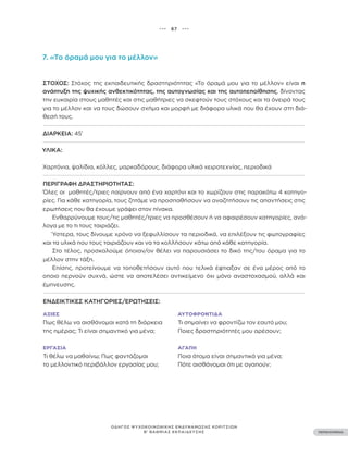 ••• 67 •••
ΠΕΡΙΕΧΟΜΕΝΑ
ΟΔΗΓΟΣ ΨΥΧΟΚΟΙΝΩΝΙΚΗΣ ΕΝΔΥΝΑΜΩΣΗΣ ΚΟΡΙΤΣΙΩΝ
Β’ ΒΑΘΜΙΑΣ ΕΚΠΑΙΔΕΥΣΗΣ
7. «Το όραμά μου για το μέλλον»
ΣΤΌΧΟΣ: Στόχος της εκπαιδευτικής δραστηριότητας «Το όραμά μου για το μέλλον» είναι η
ανάπτυξη της ψυχικής ανθεκτικότητας, της αυτογνωσίας και της αυτοπεποίθησης, δίνοντας
την ευκαιρία στους μαθητές και στις μαθήτριες να σκεφτούν τους στόχους και τα όνειρά τους
για το μέλλον και να τους δώσουν σχήμα και μορφή με διάφορα υλικά που θα έχουν στη διά-
θεσή τους.
ΔΙΆΡΚΕΙΑ: 45’
ΥΛΙΚΆ:
Χαρτόνια, ψαλίδια, κόλλες, μαρκαδόρους, διάφορα υλικά χειροτεχνίας, περιοδικά
ΠΕΡΙΓΡΑΦΉ ΔΡΑΣΤΗΡΙΌΤΗΤΑΣ:
Όλες οι μαθητές/τριες παίρνουν από ένα χαρτόνι και το χωρίζουν στις παρακάτω 4 κατηγο-
ρίες. Για κάθε κατηγορία, τους ζητάμε να προσπαθήσουν να αναζητήσουν τις απαντήσεις στις
ερωτήσεις που θα έχουμε γράψει στον πίνακα.
​​	 Ενθαρρύνουμε τους/τις μαθητές/τριες να προσθέσουν ή να αφαιρέσουν κατηγορίες, ανά-
λογα με το τι τους ταιριάζει.
Ύστερα, τους δίνουμε χρόνο να ξεφυλλίσουν τα περιοδικά, να επιλέξουν τις φωτογραφίες
και τα υλικά που τους ταιριάζουν και να τα κολλήσουν κάτω από κάθε κατηγορία.
Στο τέλος, προσκαλούμε όποιαν/ον θέλει να παρουσιάσει το δικό της/του όραμα για το
μέλλον στην τάξη.
Επίσης, προτείνουμε να τοποθετήσουν αυτό που τελικά έφτιαξαν σε ένα μέρος από το
οποιο περνούν συχνά, ώστε να αποτελέσει αντικείμενο όχι μόνο αναστοχασμού, αλλά και
έμπνευσης.
ΕΝΔΕΙΚΤΙΚΈΣ ΚΑΤΗΓΟΡΊΕΣ/ΕΡΩΤΉΣΕΙΣ:
ΑΞΊΕΣ
Πως θέλω να αισθάνομαι κατά τη διάρκεια
της ημέρας; Τι είναι σημαντικό για μένα;
ΕΡΓΑΣΊΑ
Τι θέλω να μαθαίνω; Πως φαντάζομαι
το μελλοντικό περιβάλλον εργασίας μου;
ΑΥΤΟΦΡΟΝΤΊΔΑ
Tι σημαίνει να φροντίζω τον εαυτό μου;
Ποιες δραστηριότητές μου αρέσουν;
ΑΓΆΠΗ
Ποια άτομα είναι σημαντικά για μένα;
Πότε αισθάνομαι ότι με αγαπούν;
 