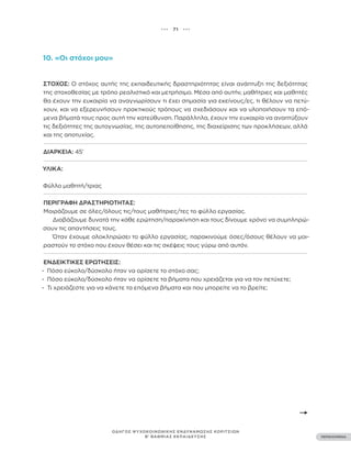 ••• 71 •••
ΠΕΡΙΕΧΟΜΕΝΑ
ΟΔΗΓΟΣ ΨΥΧΟΚΟΙΝΩΝΙΚΗΣ ΕΝΔΥΝΑΜΩΣΗΣ ΚΟΡΙΤΣΙΩΝ
Β’ ΒΑΘΜΙΑΣ ΕΚΠΑΙΔΕΥΣΗΣ
10. «Οι στόχοι μου»
ΣΤΌΧΟΣ: Ο στόχος αυτής της εκπαιδευτικής δραστηριότητας είναι ανάπτυξη της δεξιότητας
της στοχοθεσίας με τρόπο ρεαλιστικό και μετρήσιμο. Μέσα από αυτήν, μαθήτριες και μαθητές
θα έχουν την ευκαιρία να αναγνωρίσουν τι έχει σημασία για εκείνους/ες, τι θέλουν να πετύ-
χουν, και να εξερευνήσουν πρακτικούς τρόπους να σχεδιάσουν και να υλοποιήσουν τα επό-
μενα βήματά τους προς αυτή την κατεύθυνση. Παράλληλα, έχουν την ευκαιρία να αναπτύξουν
τις δεξιότητες της αυτογνωσίας, της αυτοπεποίθησης, της διαχείρισης των προκλήσεων, αλλά
και της αποτυχίας.
ΔΙΆΡΚΕΙΑ: 45’
ΥΛΙΚΆ:
Φύλλο μαθητή/τριας
ΠΕΡΙΓΡΑΦΉ ΔΡΑΣΤΗΡΙΌΤΗΤΑΣ:
Μοιράζουμε σε όλες/όλους τις/τους μαθήτριες/τες το φύλλο εργασίας.
Διαβάζουμε δυνατά την κάθε ερώτηση/παρακίνηση και τους δίνουμε χρόνο να συμπληρώ-
σουν τις απαντήσεις τους.
Όταν έχουμε ολοκληρώσει το φύλλο εργασίας, παρακινούμε όσες/όσους θέλουν να μοι-
ραστούν το στόχο που έχουν θέσει και τις σκέψεις τους γύρω από αυτόν.
ΕΝΔΕΙΚΤΙΚΕΣ ΕΡΩΤΗΣΕΙΣ:
- Πόσο εύκολο/δύσκολο ήταν να ορίσετε το στόχο σας;
- Πόσο εύκολο/δύσκολο ήταν να ορίσετε τα βήματα που χρειάζεται για να τον πετύχετε;
- Τι χρειάζεστε για να κάνετε τα επόμενα βήματα και που μπορείτε να το βρείτε;
 