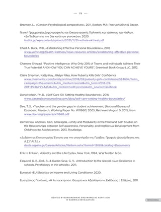 ••• 75 •••
ΠΕΡΙΕΧΟΜΕΝΑ
ΟΔΗΓΟΣ ΨΥΧΟΚΟΙΝΩΝΙΚΗΣ ΕΝΔΥΝΑΜΩΣΗΣ ΚΟΡΙΤΣΙΩΝ
Β’ ΒΑΘΜΙΑΣ ΕΚΠΑΙΔΕΥΣΗΣ
Brannon, L., «Gender: Psychological perspectives», 2011, Boston, MA: Pearson/Allyn & Bacon.
Γενική Γραμματεία Δημογραφικής και Οικογενειακής Πολιτικής και Ισότητας των Φύλων,
«2η Έκθεση για την βία κατά των γυναικών», 2020
isotita.gr/wp-content/uploads/2021/11/2h-ethsia-ekthesi.pdf
Chad A. Buck, PhD, «Establishing Effective Personal Boundaries», 2015
www.vumc.org/health-wellness/news-resource-articles/establishing-effective-personal-
boundaries
Chamine Shirzad, “Positive Intelligence: Why Only 20% of Teams and Individuals Achieve Their
True Potential AND HOW YOU CAN ACHIEVE YOURS”, Greenleaf Book Group LLC, 2012.
Claire Shipman, Katty Kay, Jillelyn Riley, How Puberty Kills Girls’ Confidence
www.theatlantic.com/family/archive/2018/09/puberty-girls-confidence/563804/?utm_
campaign=the-atlantic&utm_medium=social&utm_term=2018-09-
20T13%3A29%3A14&utm_content=edit-promo&utm_source=facebook
Dana Nelson, PH.D., «Self-Care 101: Setting Healthy Boundaries», 2016
www.dananelsoncounseling.com/blog/self-care-setting-healthy-boundaries/
Dee, T. S., «Teachers and the gender gaps in student achievement, (National Bureau of
Economic Research, Working Paper No. W11660) 2005, Retrieved August 5, 2015, from
www.nber.org/papers/w11660.pdf
Demetriou, Andreas, Kazi, Smaragda, «Unity and Modularity in the Mind and Self: Studies on
the Relationships between Self-awareness, Personality, and Intellectual Development from
Childhood to Adolescence», 2013, Routledge.
«Δεξιότητες Επικοινωνίας Έντυπο για την υποστήριξη της Πράξης: Γραφείο Διασύνδεσης της
Α.Σ.ΠΑΙ.Τ.Ε.»
dasta.aspete.gr/Career/Articles/fileItem.ashx?itemid=13081&catalog=Documents
Erik H. Erikson, «Identity and the Life Cycle», New York, 1994, WW Norton & Co.
Esquivel, G. B., Doll, B., & Oades-Sese, G. V., «Introduction to the special issue: Resilience in
schools. Psychology in the schools», 2011.
Eurostat «EU Statistics on Income and Living Conditions» 2020.
Ευστράτιος Παπάνης, «Η Αυτοεκτίμηση. Θεωρία και Αξιολόγηση», Εκδόσεις Ι. Σιδέρης, 2011.
 
