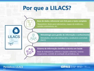 Por que a LILACS?
Base de dados referencial com link para o texto completo
‘Repositório’, fonte para infometrias, mapas de...