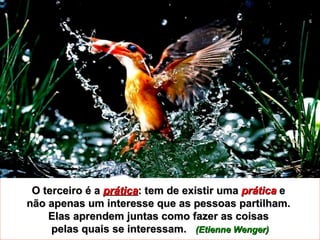 O terceiro é a  prática : tem de existir uma  prática  e  não apenas um interesse que as pessoas partilham.  Elas aprendem juntas como fazer as coisas  pelas quais se interessam.  (Etienne Wenger) 