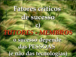 Fatores críticos  de sucesso c) TUTORES - MEMBROS o sucesso depende  das PESSOAS  (e não das tecnologias) 