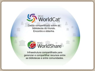 Dados compartilhado sobre as
      bibliotecas do mundo.
       Encontre e obtenha.




   Infraestrutura compartilhada para
gerenciar e compartilhar recursos entre
 as bibliotecas e entre comunidades.
 