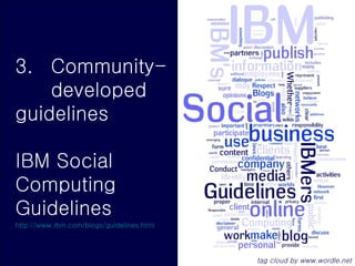 3.  Community- developed  guidelines IBM Social Computing Guidelines http://www.ibm.com/blogs/guidelines.html   <ul><li>ta...
