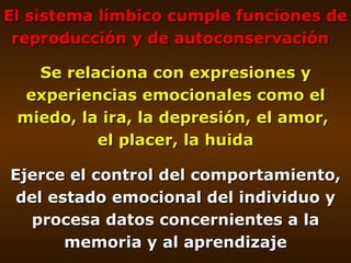 El sistema límbico cumple funciones de reproducción y de autoconservación  Se relaciona con expresiones y experiencias emo...