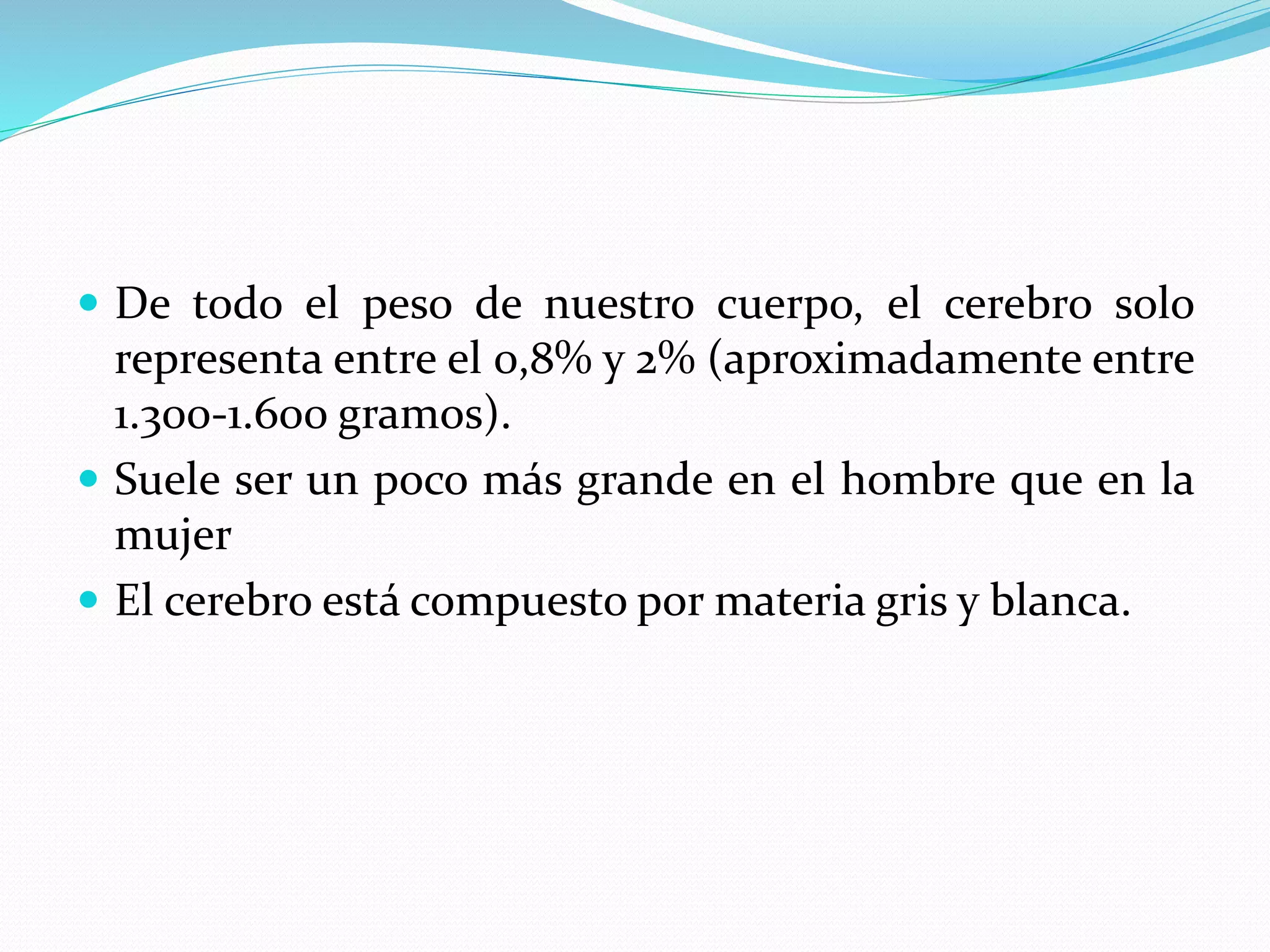  De todo el peso de nuestro cuerpo, el cerebro solo 
representa entre el 0,8% y 2% (aproximadamente entre 
1.300-1.600 gramos). 
 Suele ser un poco más grande en el hombre que en la 
mujer 
 El cerebro está compuesto por materia gris y blanca. 
 