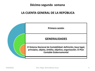 Décimo segunda semana
LA CUENTA GENERAL DE LA REPÚBLICA
15/05/2023 Dra. Felipa Elvira Muñoz Ccuro 4
Primera sesión
GENERALIDADES
El Sistema Nacional de Contabilidad: definición, base legal,
principios, objeto, ámbito, objetivo, organización. El Plan
Contable Gubernamental
 