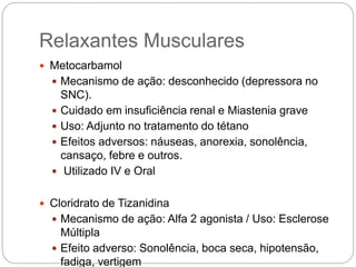  Metocarbamol
 Mecanismo de ação: desconhecido (depressora no
SNC).
 Cuidado em insuficiência renal e Miastenia grave
 Uso: Adjunto no tratamento do tétano
 Efeitos adversos: náuseas, anorexia, sonolência,
cansaço, febre e outros.
 Utilizado IV e Oral
 Cloridrato de Tizanidina
 Mecanismo de ação: Alfa 2 agonista / Uso: Esclerose
Múltipla
 Efeito adverso: Sonolência, boca seca, hipotensão,
fadiga, vertigem
Relaxantes Musculares
 