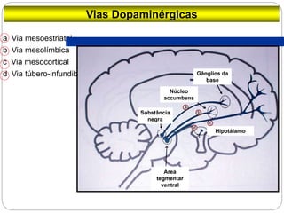 Hipótese monoaminérgica
a Via mesoestriatal
b Via mesolímbica
c Via mesocortical
d Via túbero-infundibular
Vias Dopaminérgicas
Substância
negra
Núcleo
accumbens
Gânglios da
base
Área
tegmentar
ventral
Hipotálamo
 