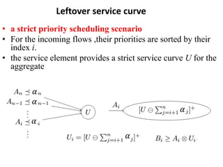 Leftover service curve
• a strict priority scheduling scenario
• For the incoming flows ,their priorities are sorted by their
index i.
• the service element provides a strict service curve U for the
aggregate
 
