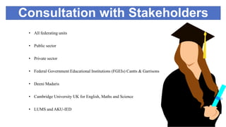 Consultation with Stakeholders
• All federating units
• Public sector
• Private sector
• Federal Government Educational Institutions (FGEIs) Cantts & Garrisons
• Deeni Madaris
• Cambridge University UK for English, Maths and Science
• LUMS and AKU-IED
 