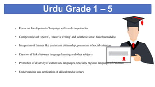 Urdu Grade 1 – 5
• Focus on development of language skills and competencies
• Competencies of ‘speech’, ‘creative writing’ and ‘aesthetic sense’ have been added
• Integration of themes like patriotism, citizenship, promotion of social cohesion
• Creation of links between language learning and other subjects
• Promotion of diversity of culture and languages especially regional languages of Pakistan
• Understanding and application of critical media literacy
 